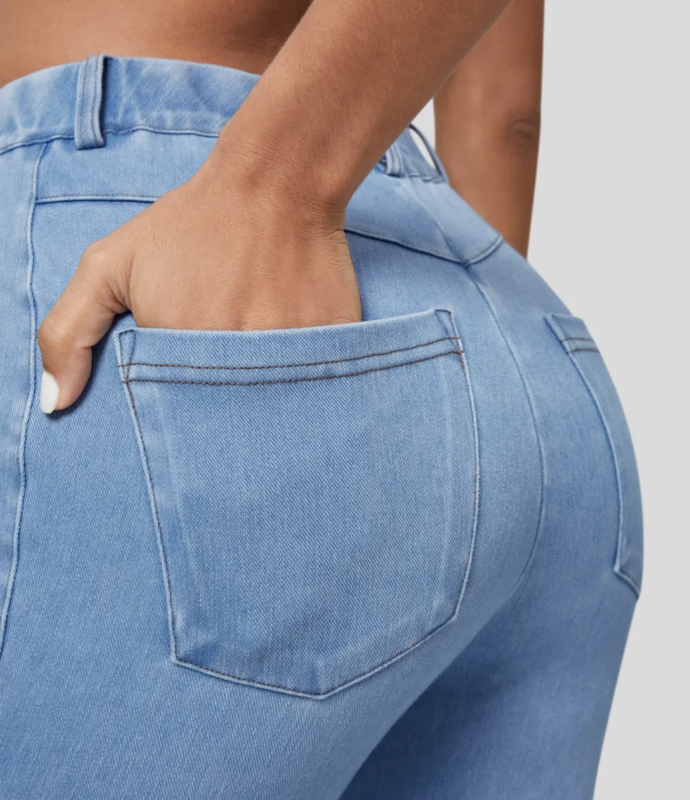 Magic High Waisted Multiple Pockets Washed Stretchy Knit Casual Super Flare Jeans