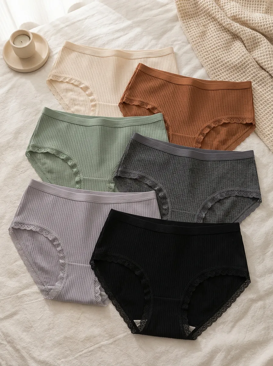 Women's Refined Ribbed Lace-Trim Briefs Set