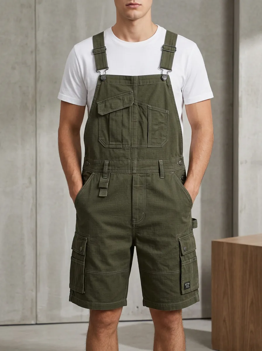Men's Utility Olive Green Cargo Bib Overalls Shorts