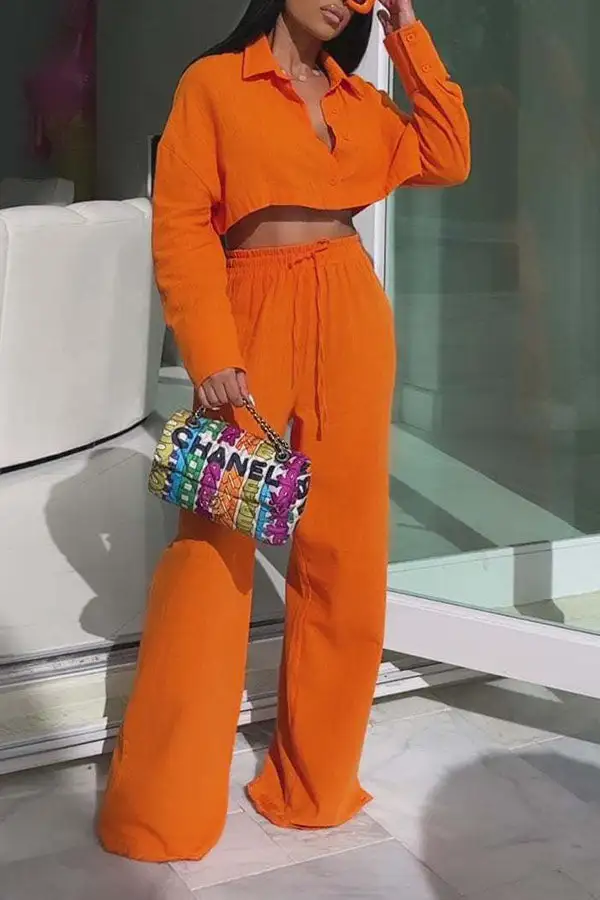 Solid Color Wide-Leg Collared Pant Set