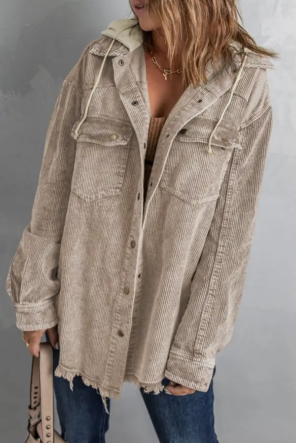 Corduroy Button Front Hooded Jacket
