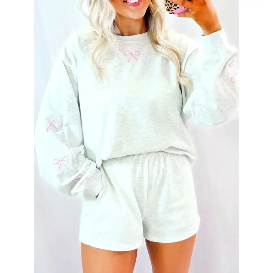 Embroidered Detail Puff Sleeve Top and Shorts 2pcs Set