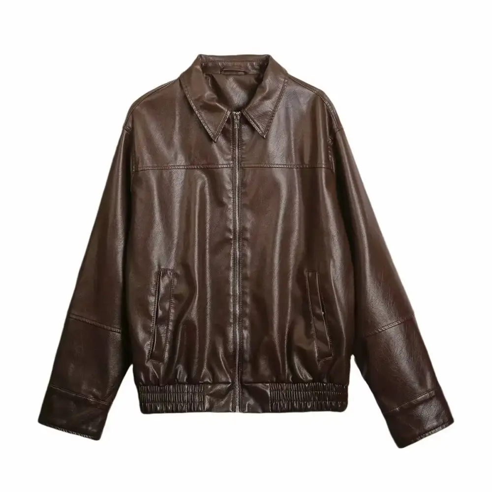 Oversized Faux Leather Shirt Collar Zip Front Bomber Jacket