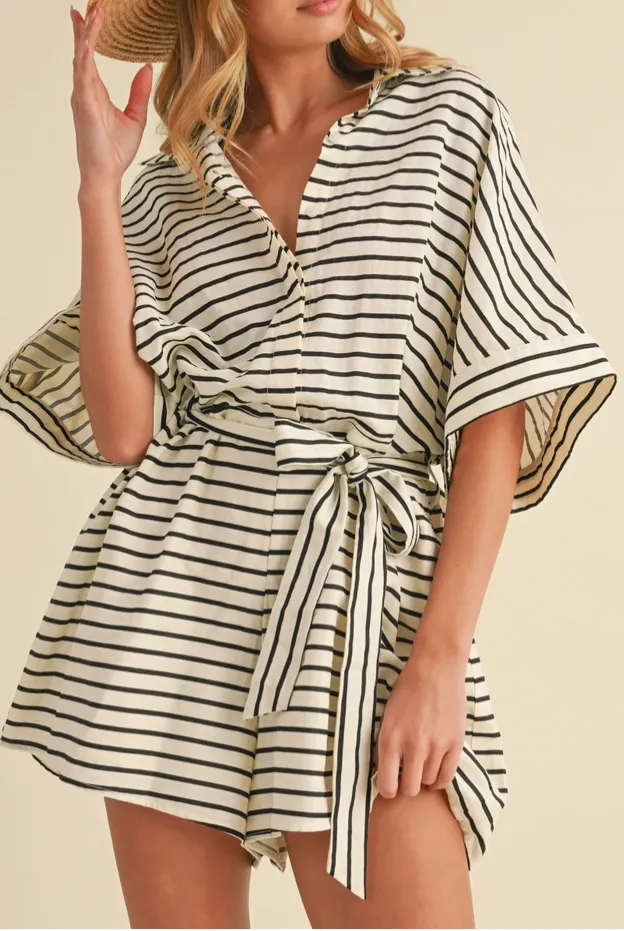 Black White Stripe Oversized Tie Waist Romper
