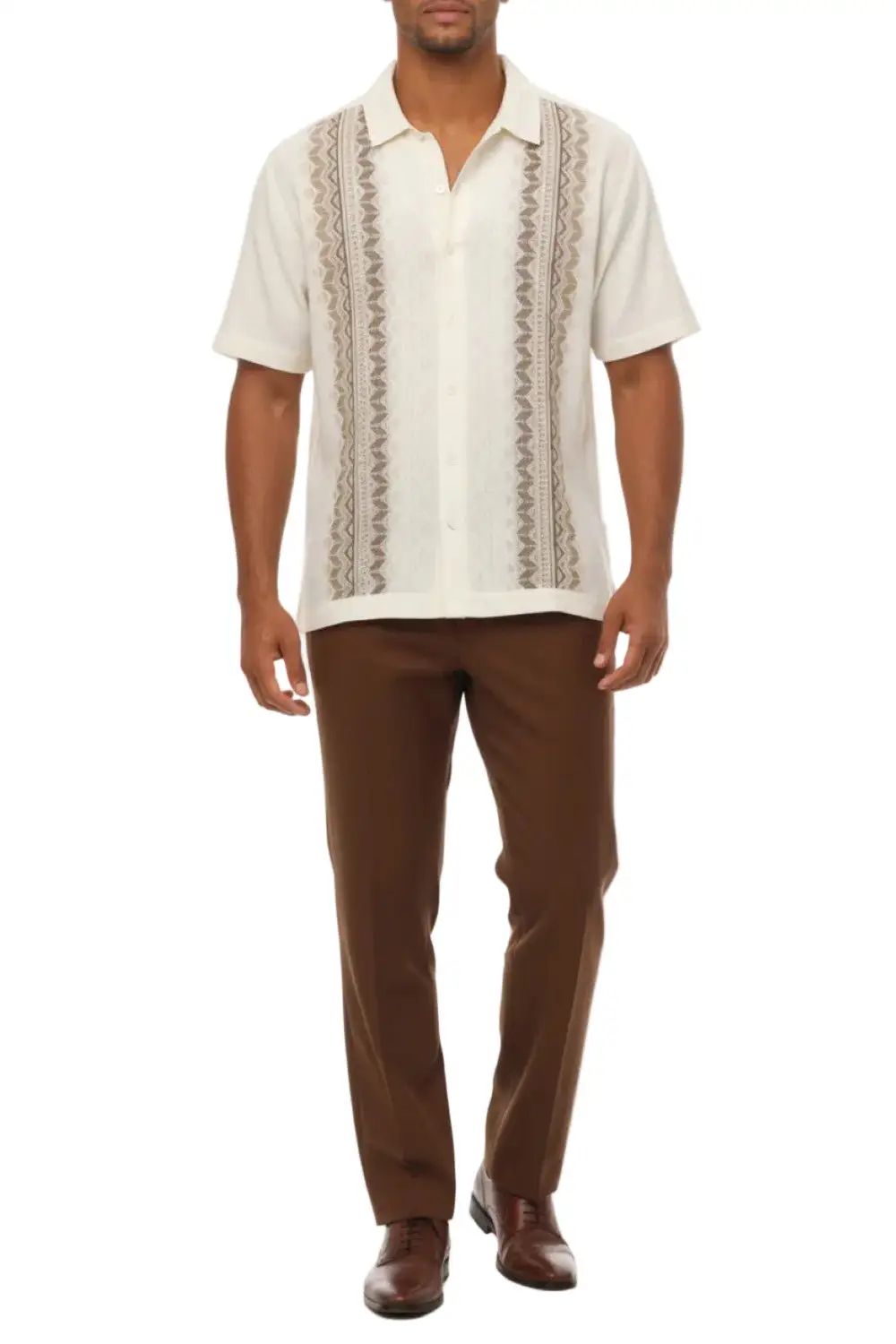 Brown Relaxed Fit Embroidered Short Sleeve Walking Suit Set