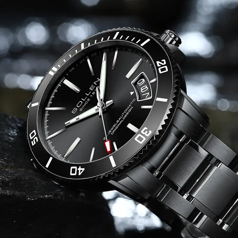 Sollen SL609 Automatic Watch - Men's Stainless Steel 5-Bead Bracelet Rotatable Bezel Seiko NH35A Wristwatch