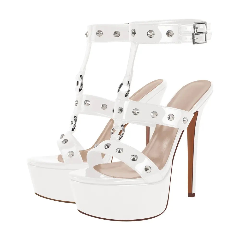 Round Toe Platform Rivet Buckle T-Strap Sandals