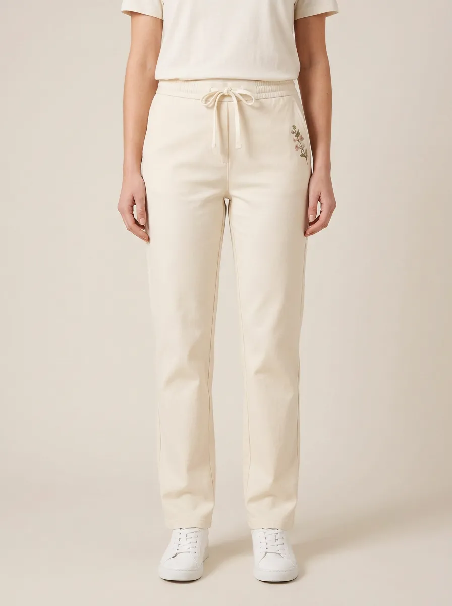 Women's Streamlined Comfort Floral Embroidered Mid Rise Straight Leg Pants