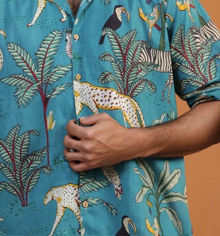 Turquoise Jungle Print Mulmul Cotton Camp Collar Shirt