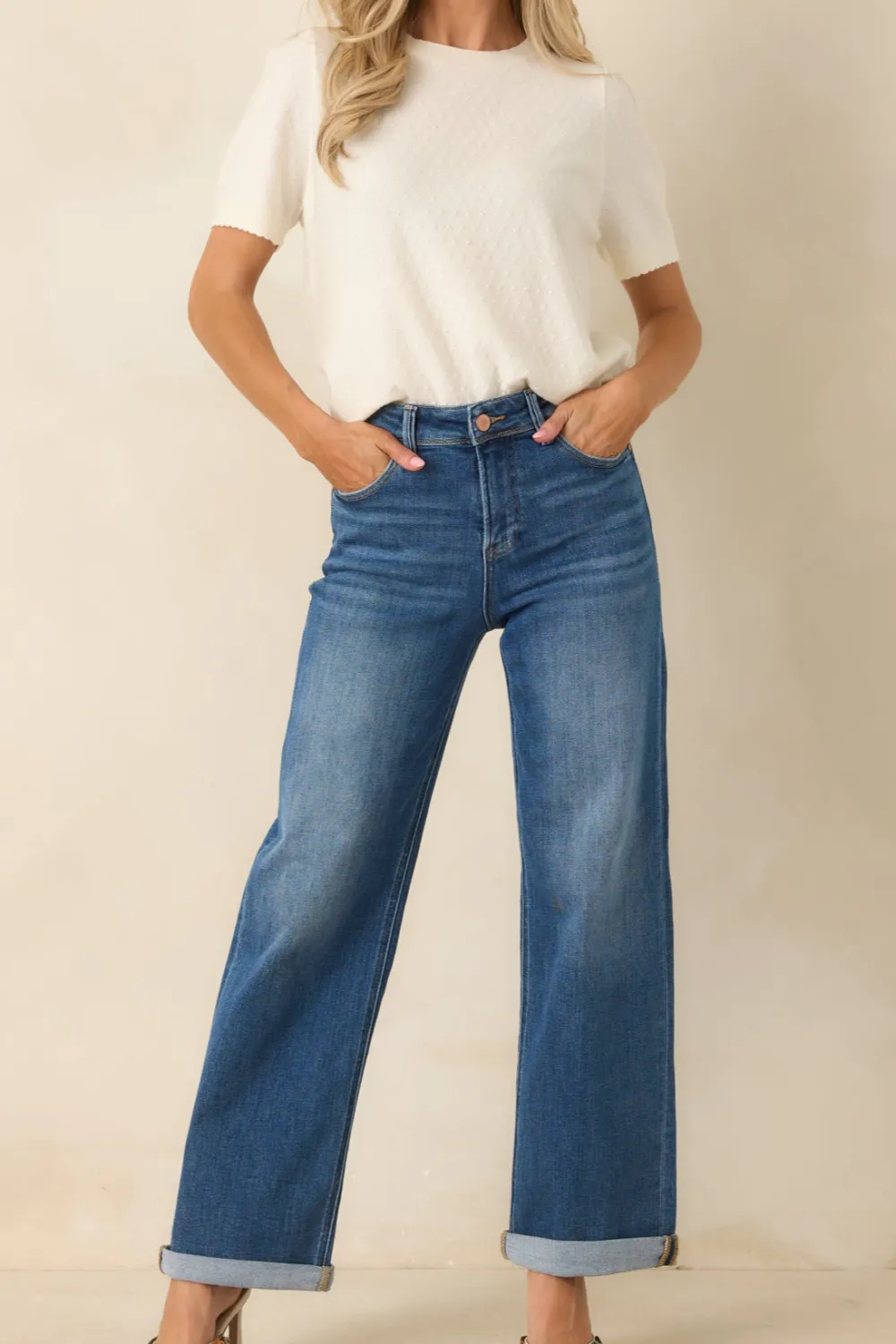 Roll Medium Wash High Rise Cuffed Straight Leg Jeans