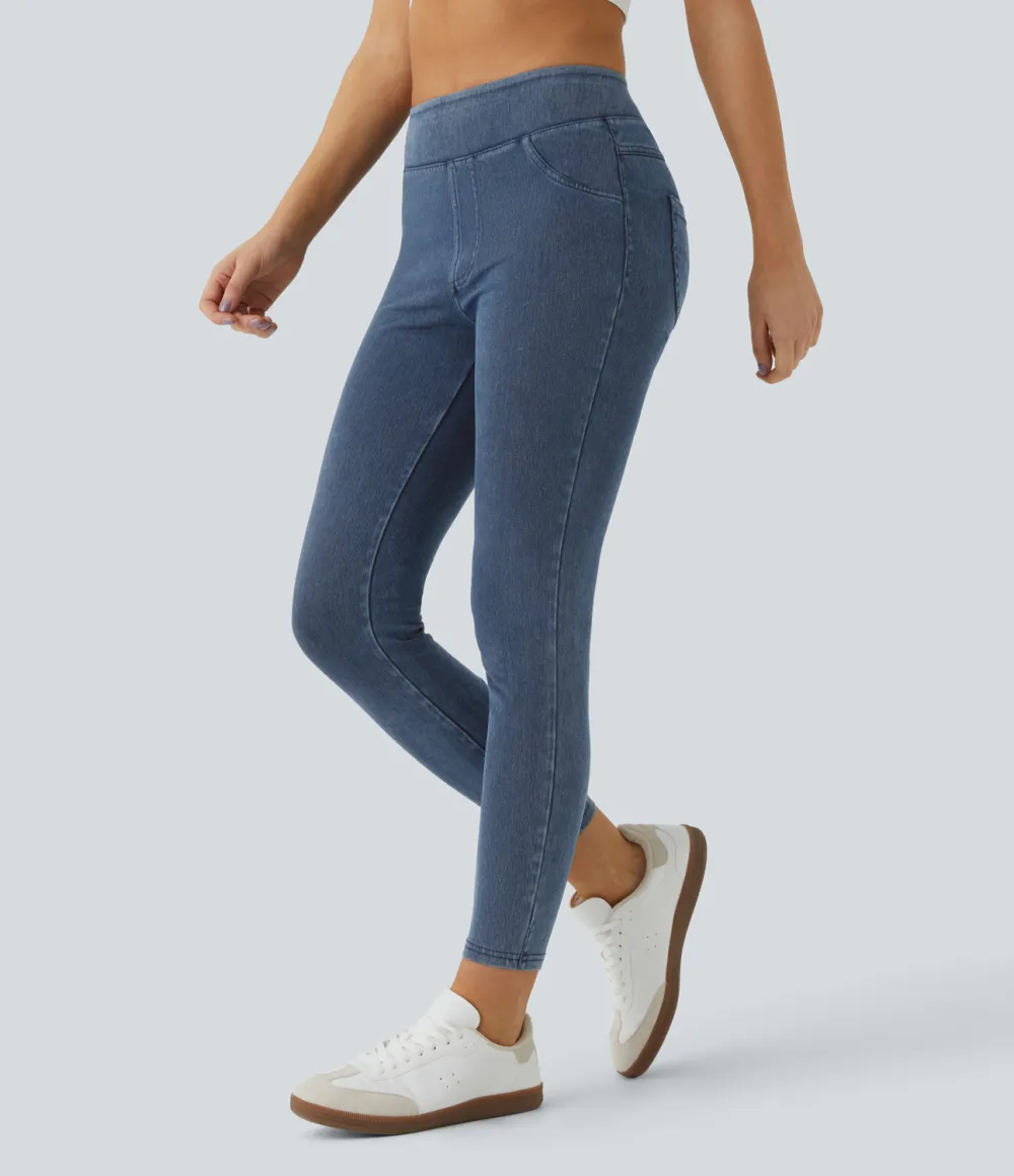 Magic High Waisted Back Side Pocket Stretchy Knit Denim Casual Leggings