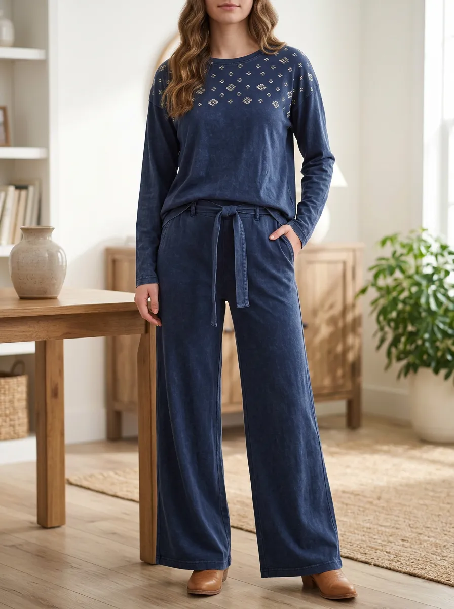 Women's Boho Geometric Pattern Printed Long Sleeve Relaxed Lounge Set