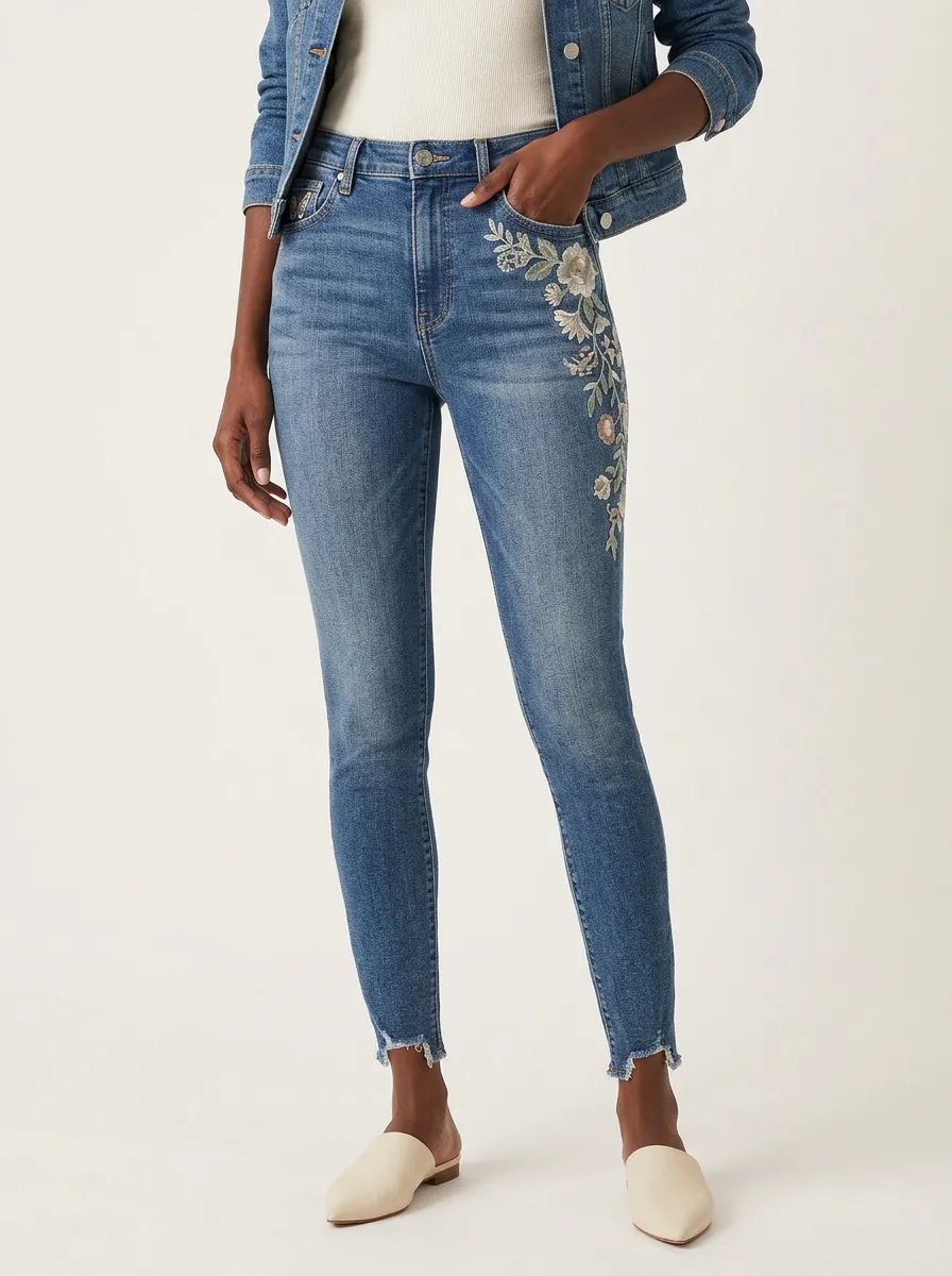 Women's Atlas Floral Vintage Flower Embroidered Printed Slim Jeans