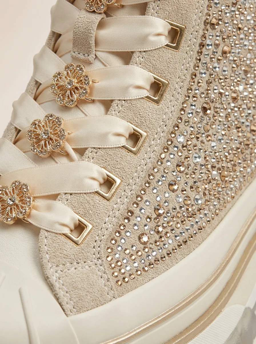Floral Lace-Detail Lace-Up High-Top Women's Rhinestone Platform Shoes