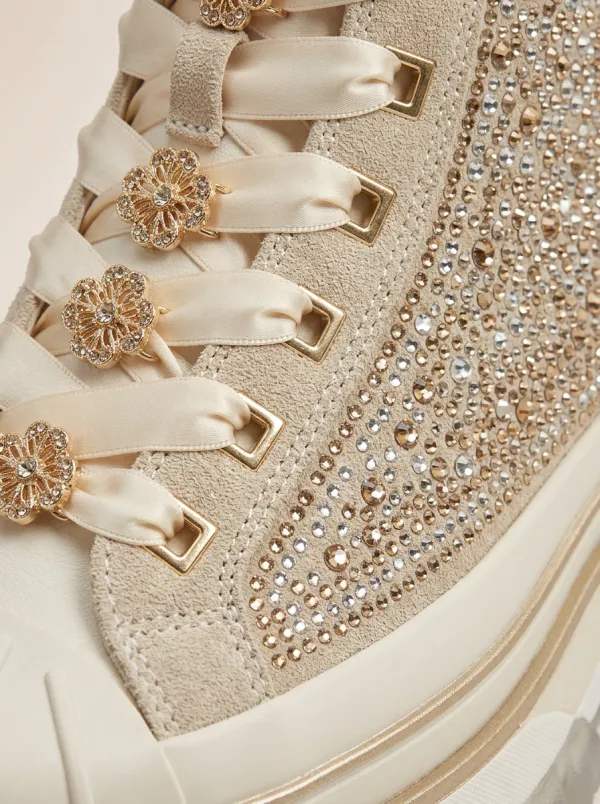 Floral Lace-Detail Lace-Up High-Top Women's Rhinestone Platform Shoes