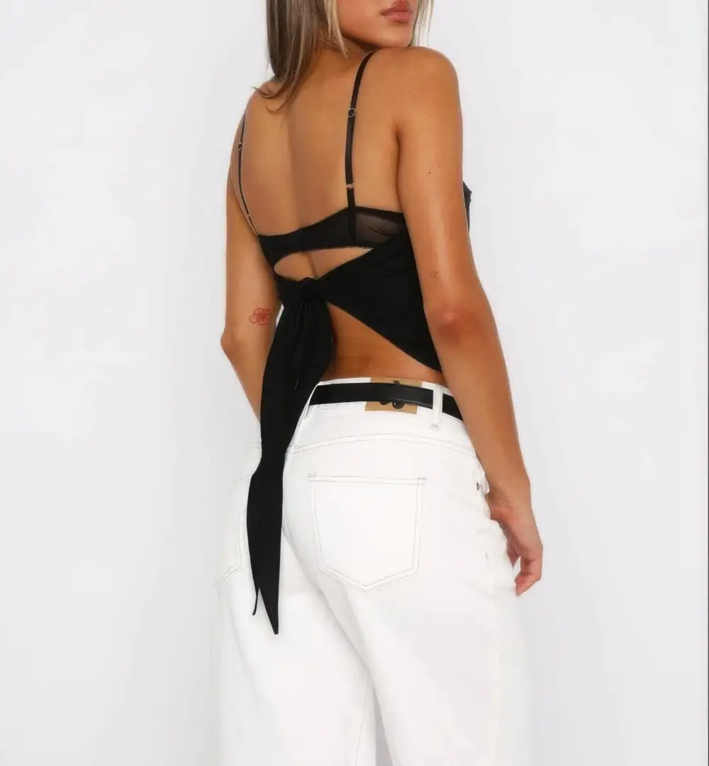Solid Back Knot Lace Trim Sleeveless Shirt