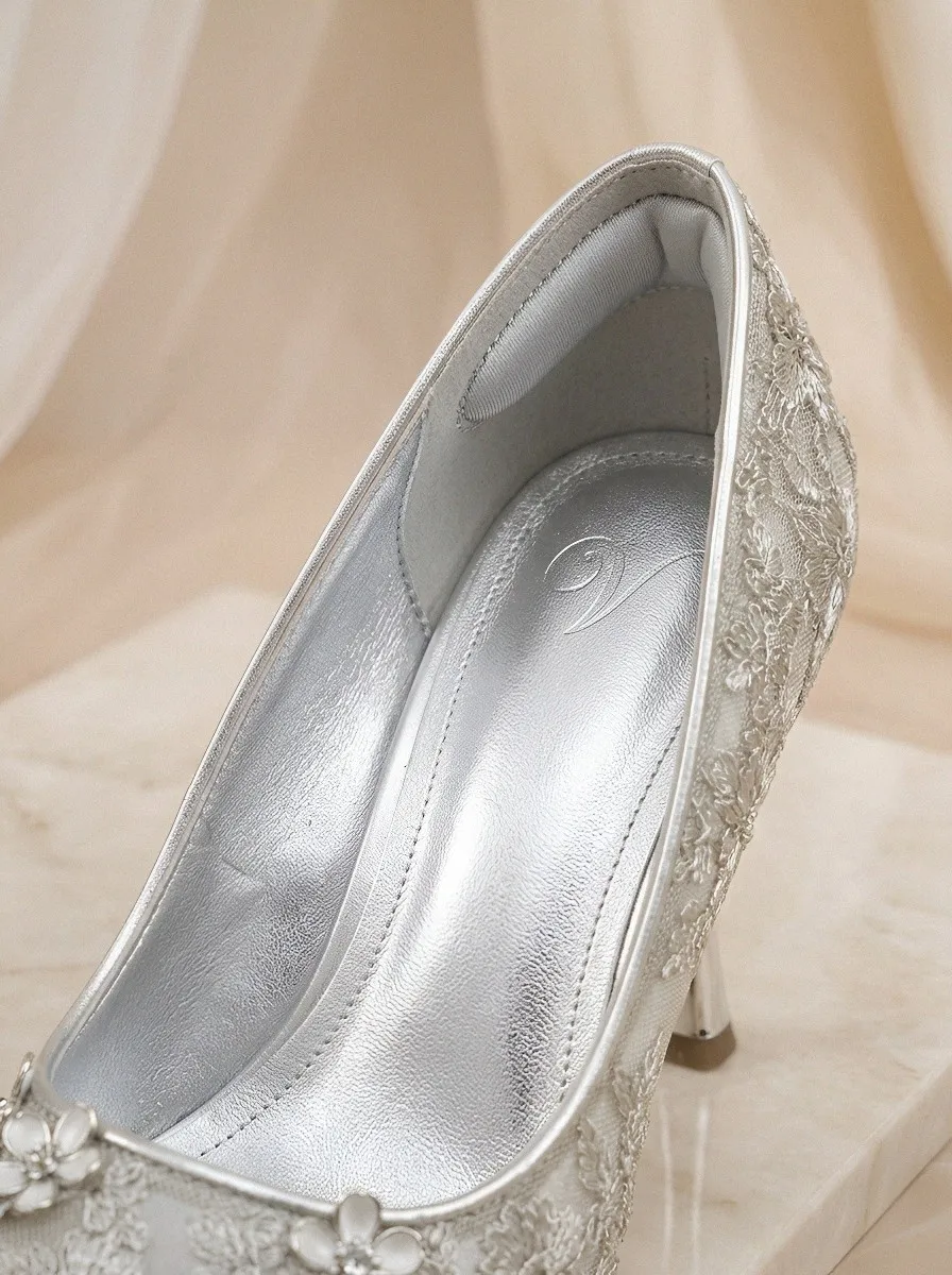 Floral Lace-Detail Embroidered Metallic-Look Women's Formal High Heels