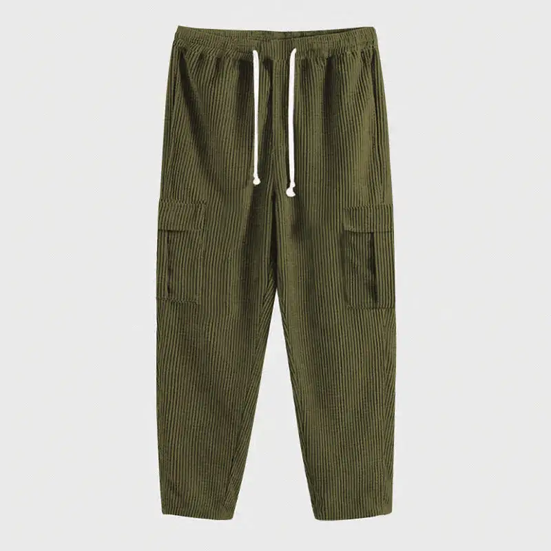 Men's Corduroy Jogger-style Pants Waistband Cargo Pockets Leg Cargo Pants