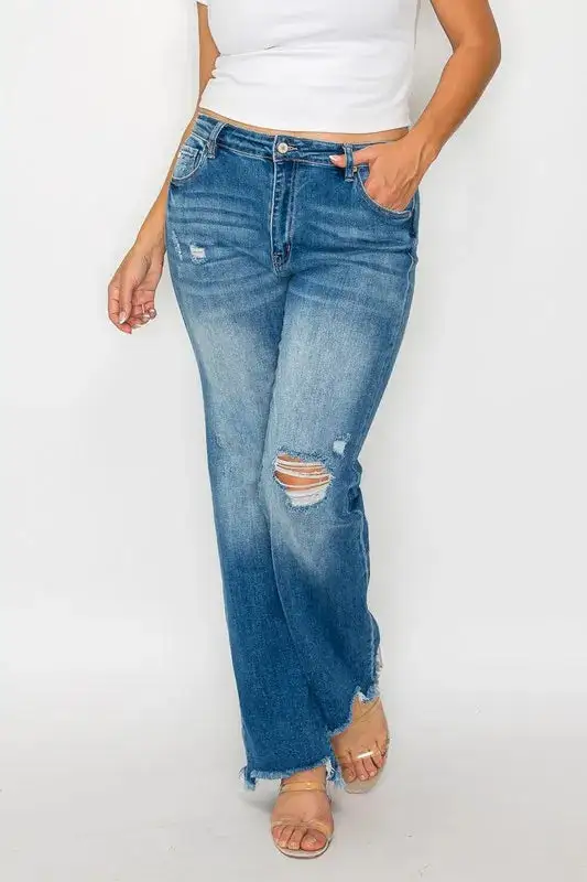 Full Size Raw Hem Distressed Mid Rise Straight Jeans