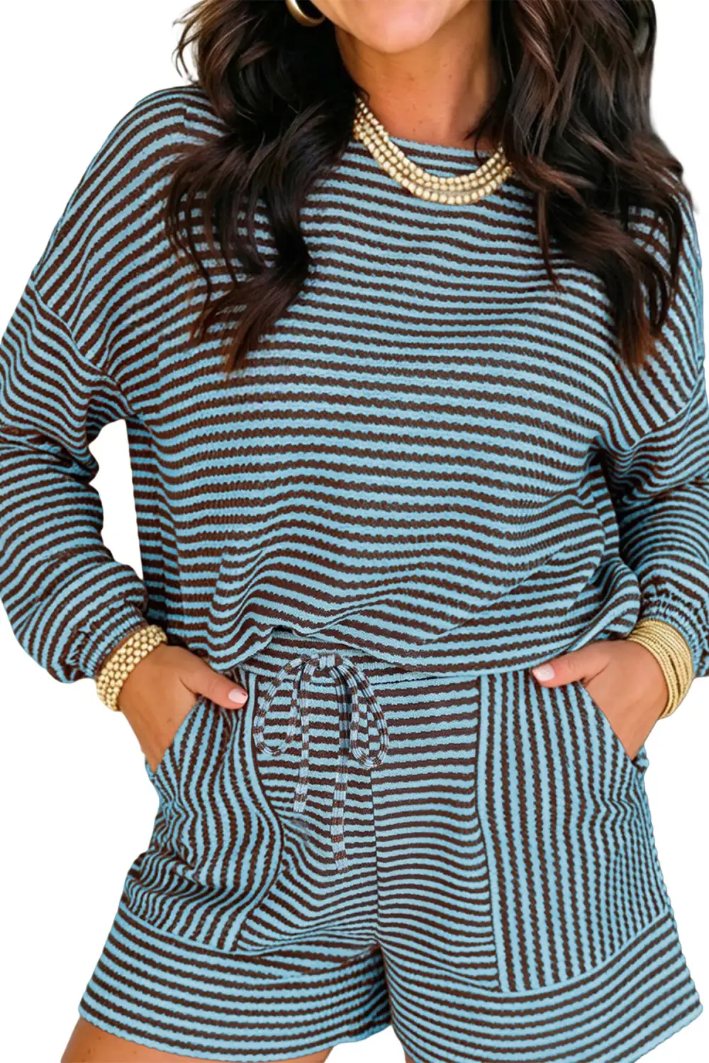 Women's Textured Knit Long Sleeve Top Elastic Waist Shorts Casual Outfit