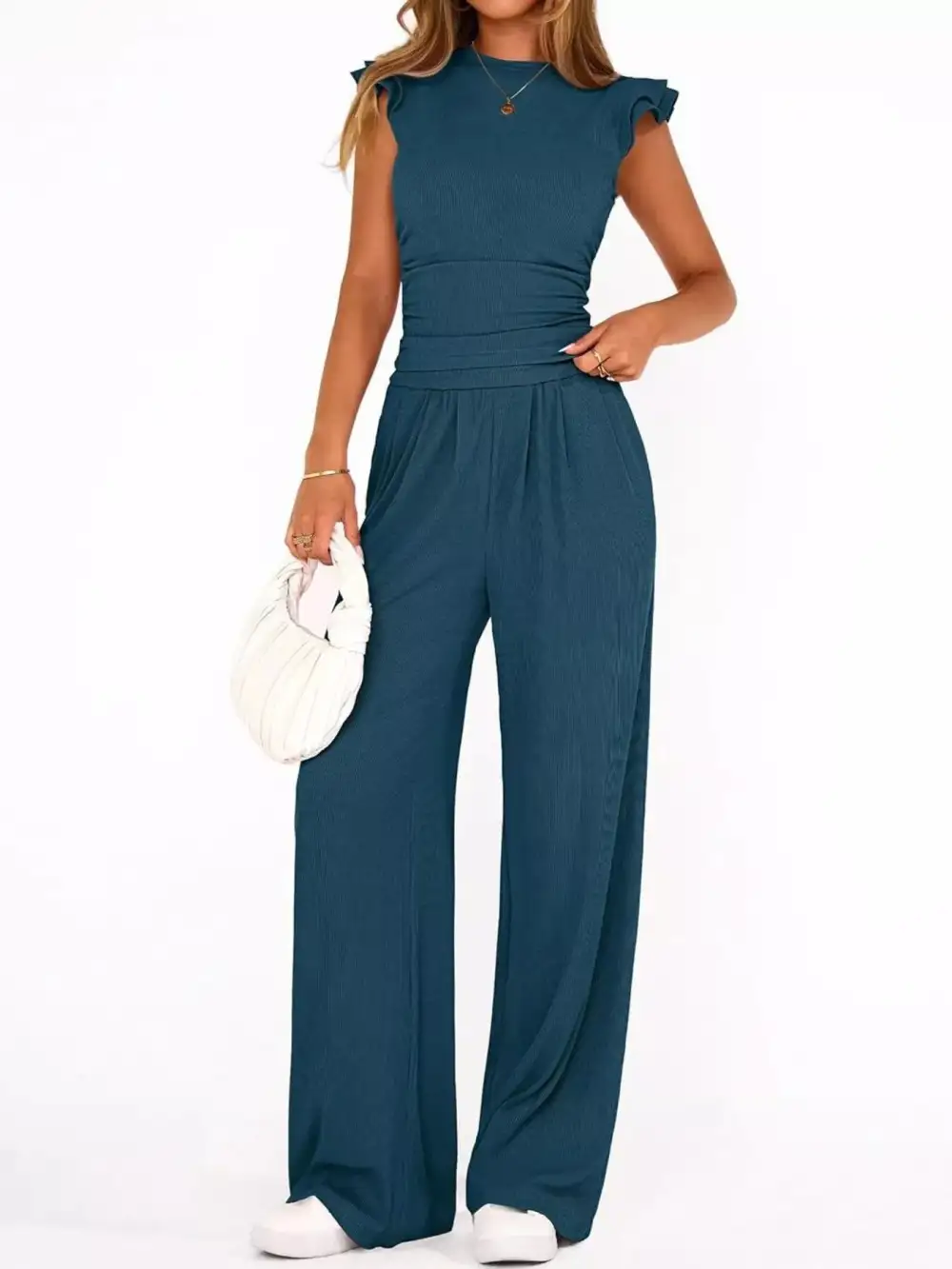 Ruffled Mock Neck Top and Wide Leg Pants Set