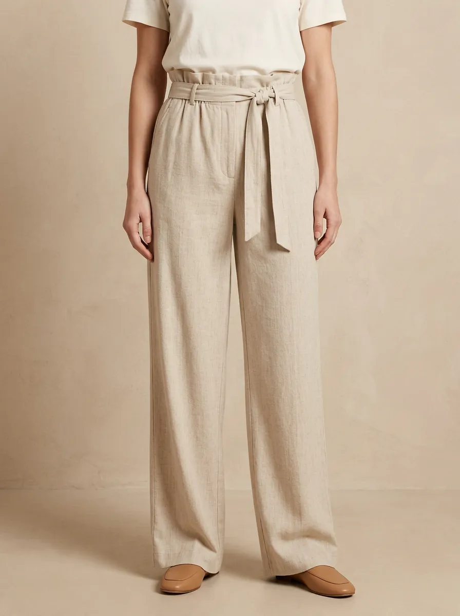High Rise Belted Linen Blend Wide Leg Pants