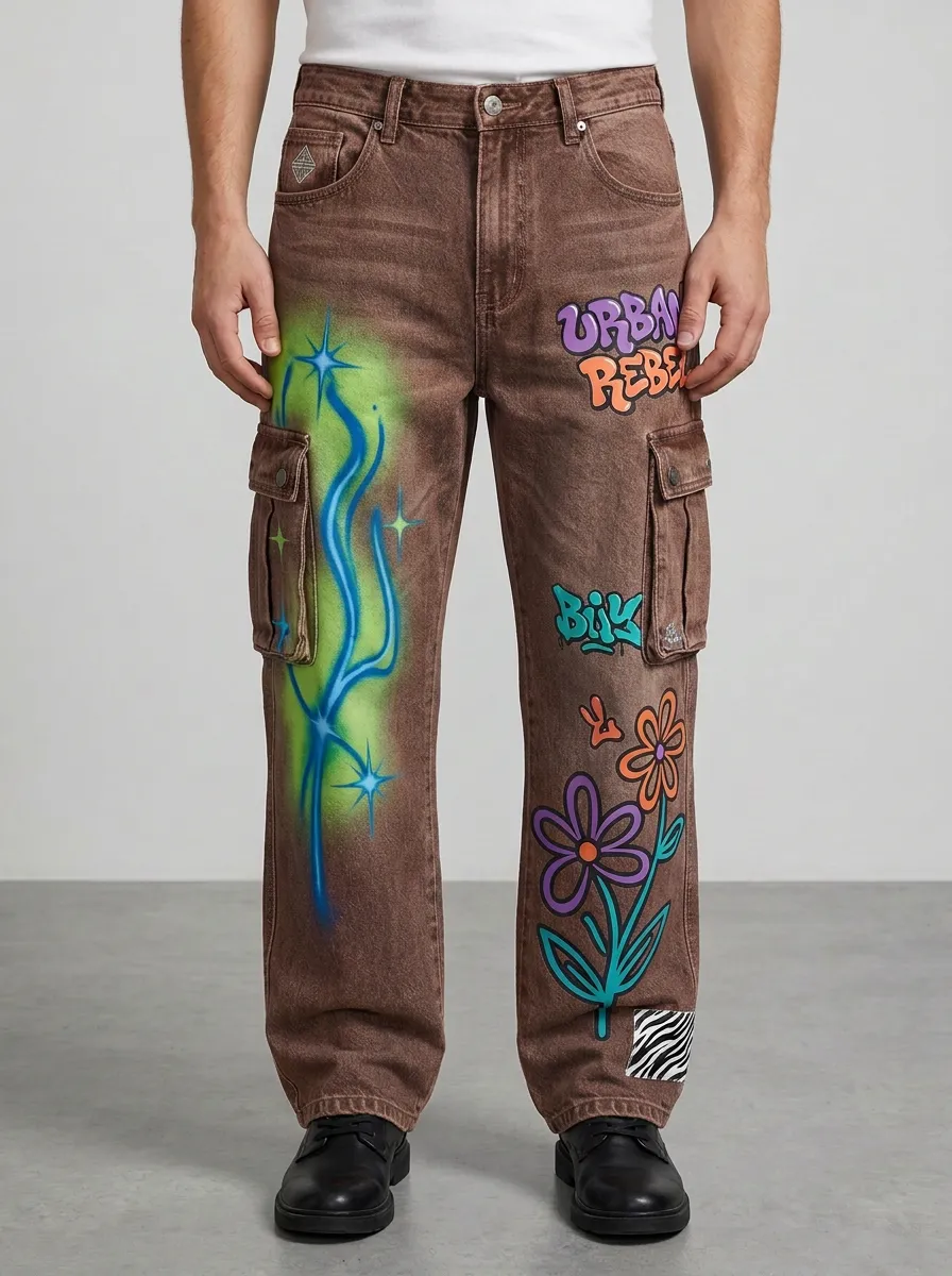 Men's Streetwear Urban Rebel Graffiti Flower Graphic Cargo Jeans