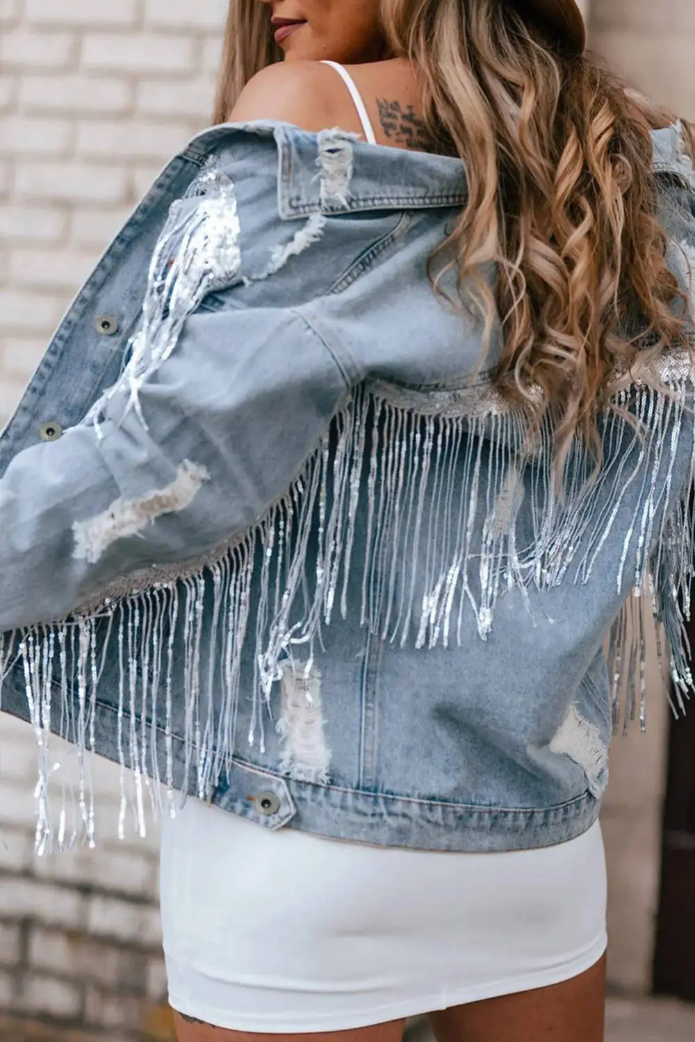 Women's Sequin Embellished Fringe Distressed Denim Jacket