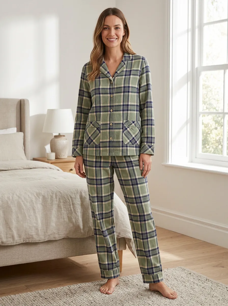 Women's Plaid Loungewear Set with Buttoned Cuffs and Front Pockets