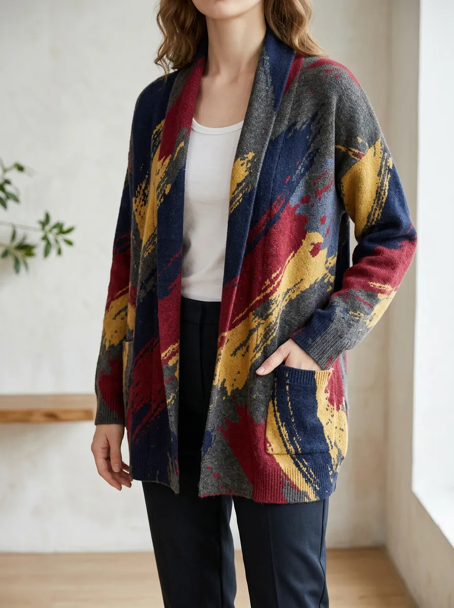 Women's Abstract Brushstroke Pattern Printed Open Front Transitional Layering Cardigan