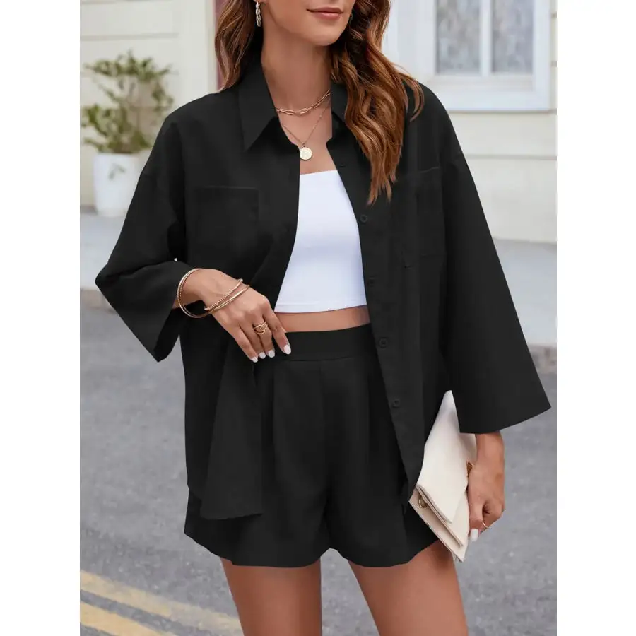 Relaxed Button Up Long Sleeve Top and Shorts Set