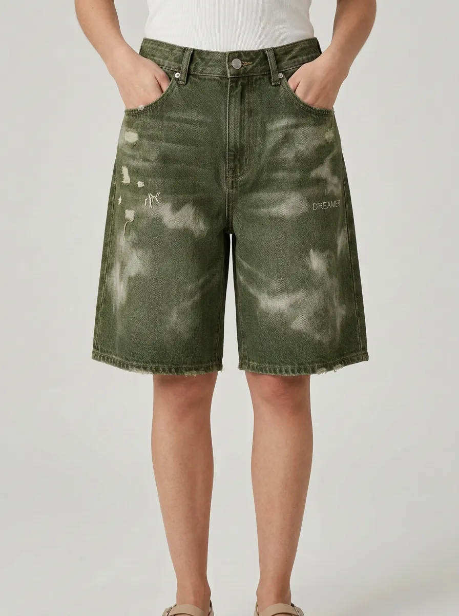 Dreamer Cloud Wash Distressed Graphic Denim Shorts