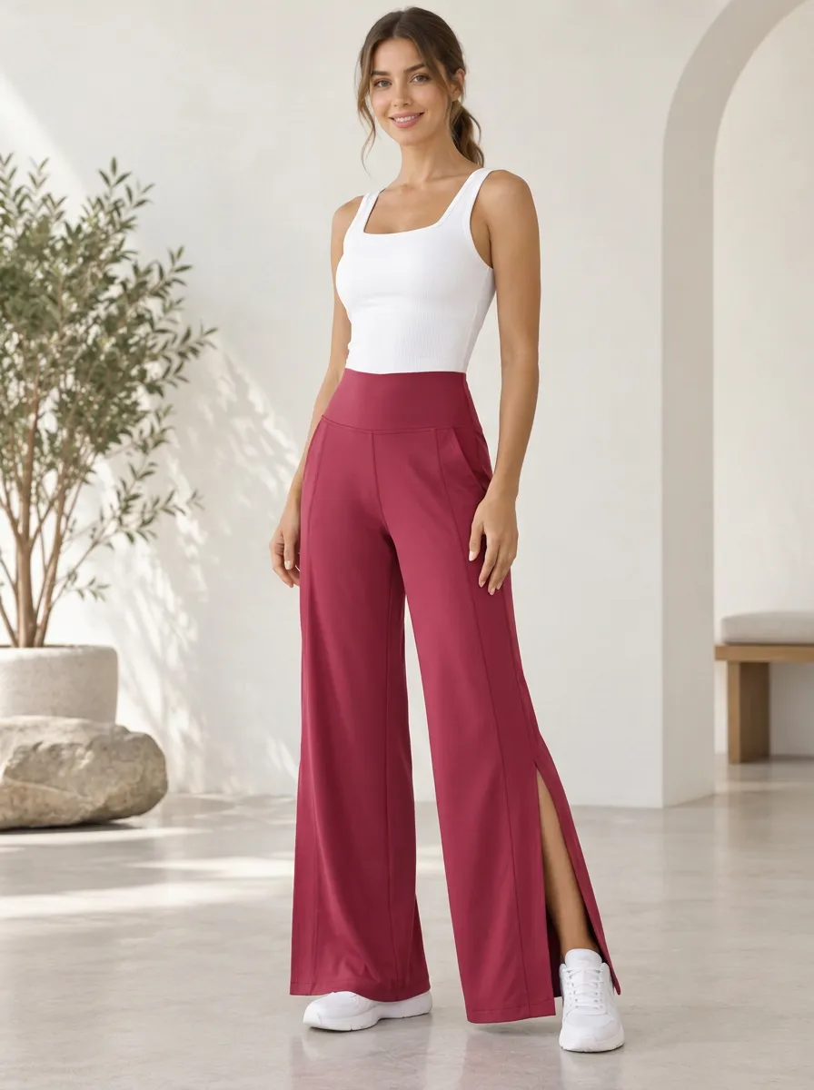 Women's Pocket Weekend Active Wide Leg Slit Training Pants
