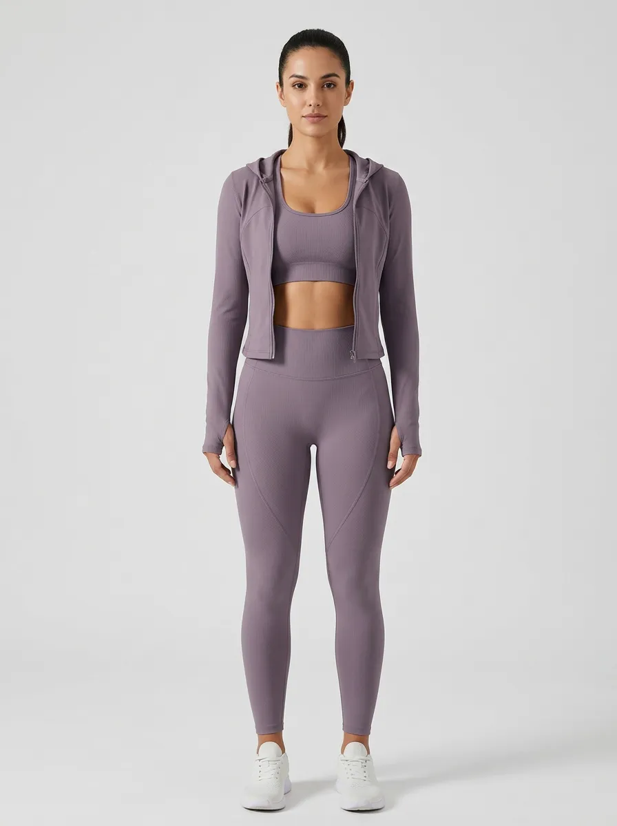 Performance-Inspired Ribbed Texture Look Women's Three Piece Activewear Set