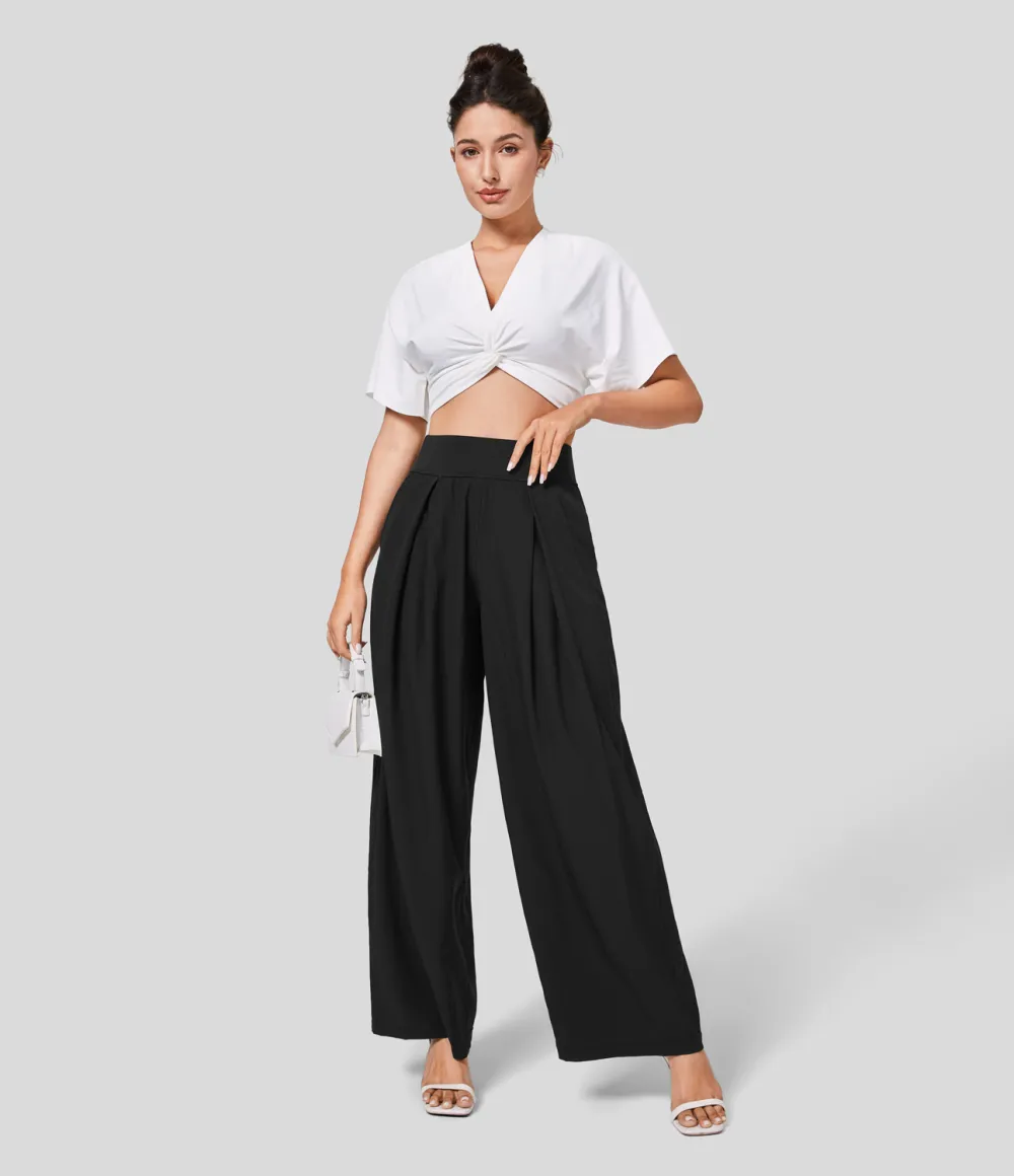 Mid Rise Side Pocket Wide Leg Casual Pants