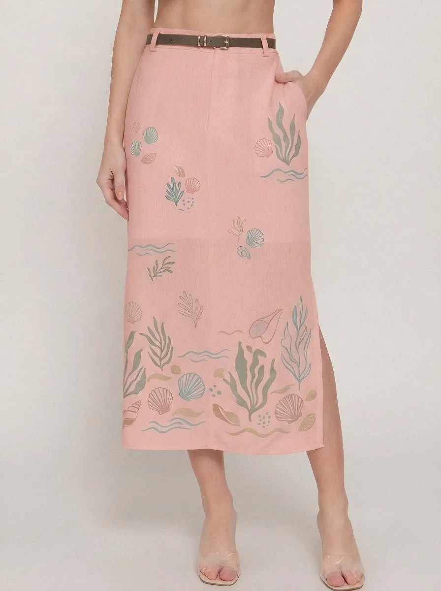 Women's Beach Lover Seashell Seaweed Printed Midi Skirt