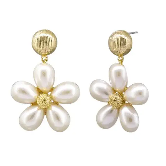 Pearl Flower Drop Stud Earrings