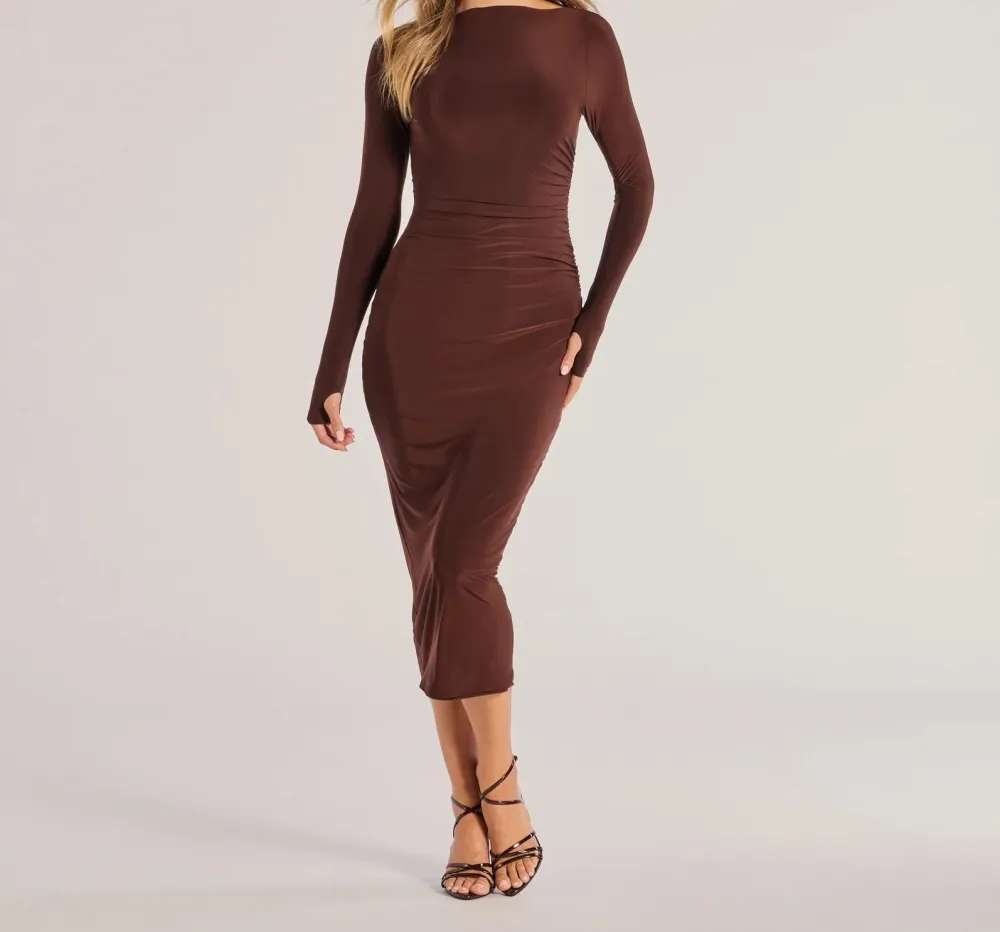 Brown Long-Sleeve Ruched Midi Dress