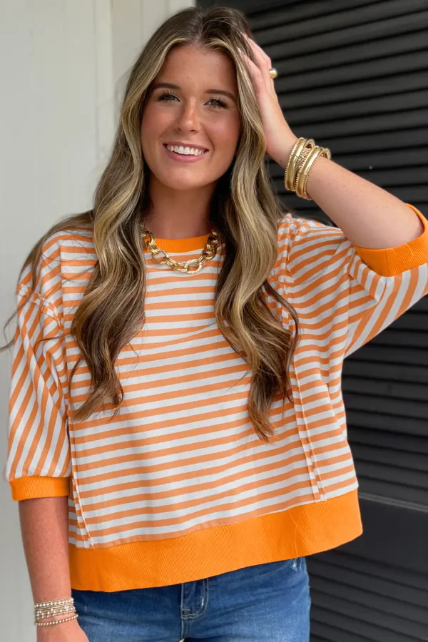 Orange Stripe Three Quarter Sleeve Pullover