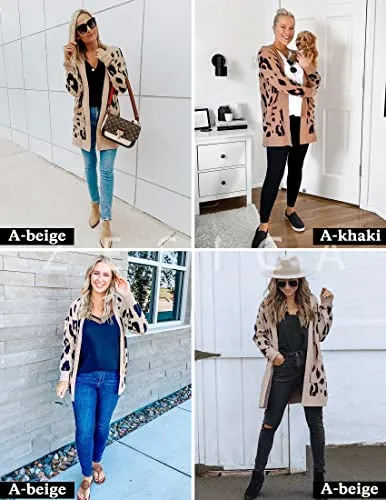 Women's Long Sleeves Open Front Leopard Print Knitted Sweater Cardigan Coat Outwear