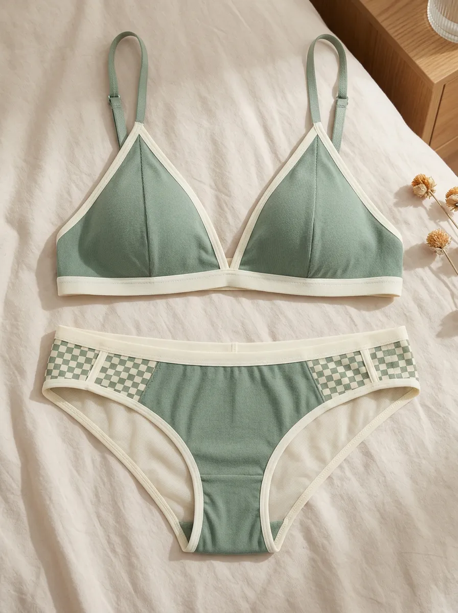 Women's Checkerboard Ribbed Checkered Trim Lingerie Set