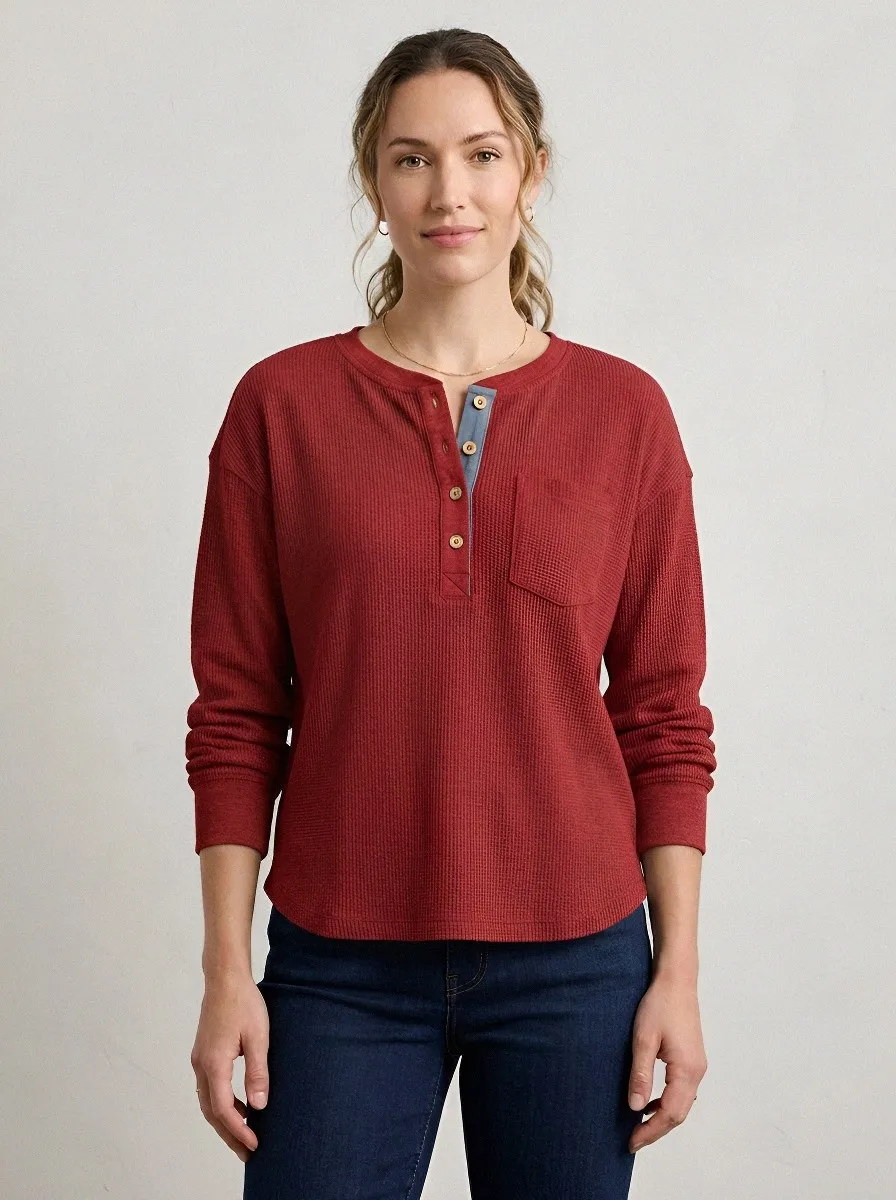 Women's Casual Waffle Knit Buttoned Pocket Henley Shirt