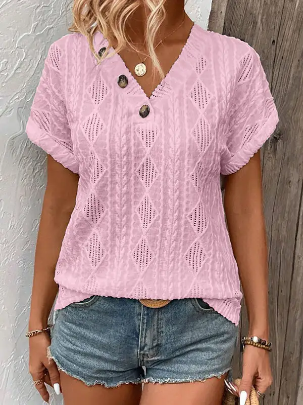 Relaxed Short Sleeve Button Detail V-Neck T-Shirt