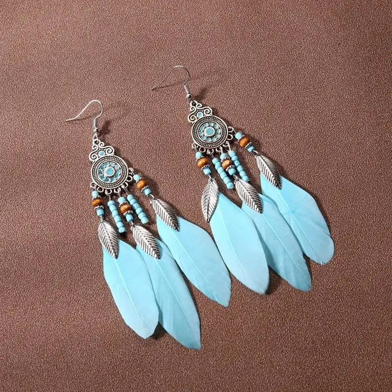 Statement Feather Beaded Tassel Drop Earrings