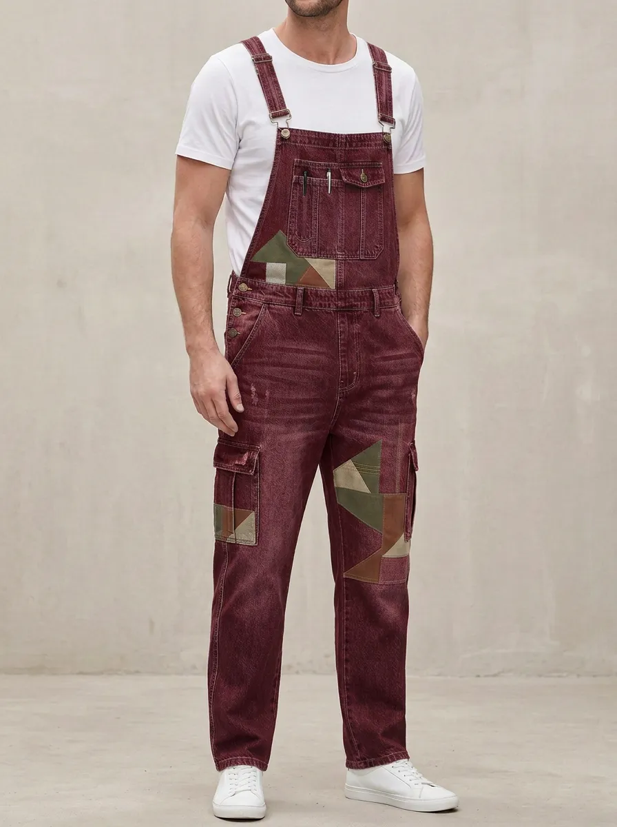 Denim Patchwork Cargo Overalls