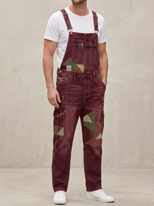 Denim Patchwork Cargo Overalls