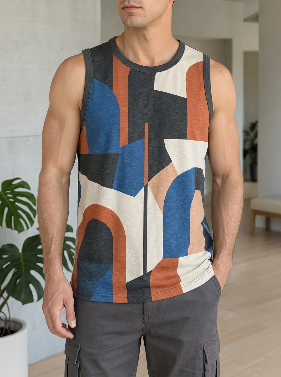 Men's Abstract Geometric Pattern Straight Hem Tank Top