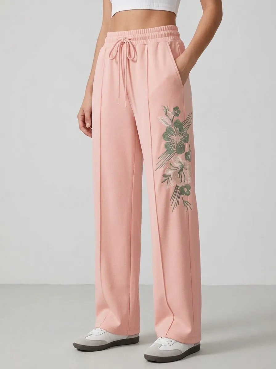 Women's Beige Pintuck Seam Wide-Leg Sweatpants