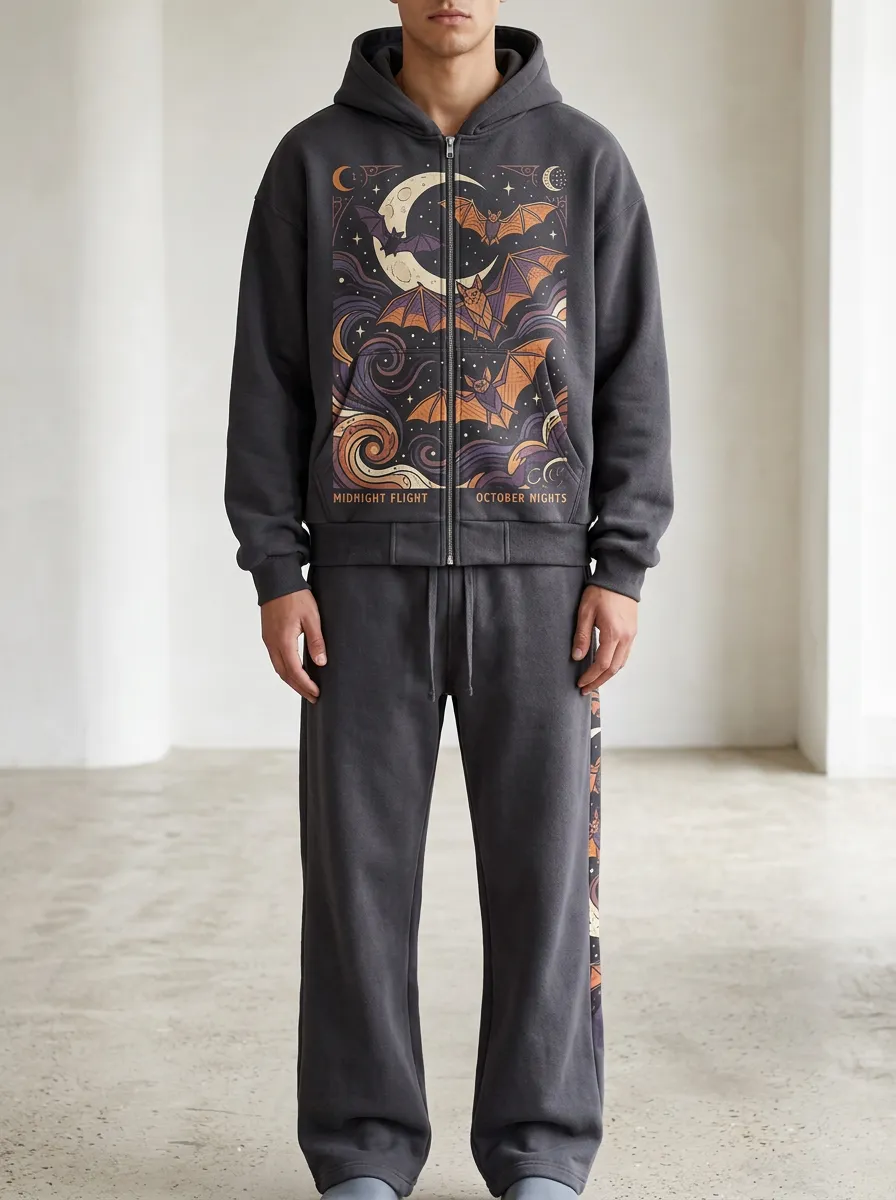 Men's Halloween Moon Bat Printed Hoodie and Pants Set