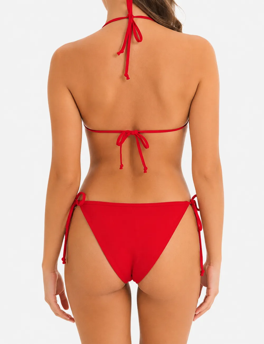 Solid Color Eyelet Detail Triangle Piece Bikini Set